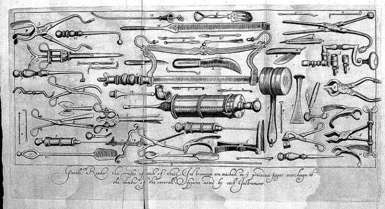 Fold out illustrated chart showing the surgical instruments found in a sea surgeon's chest