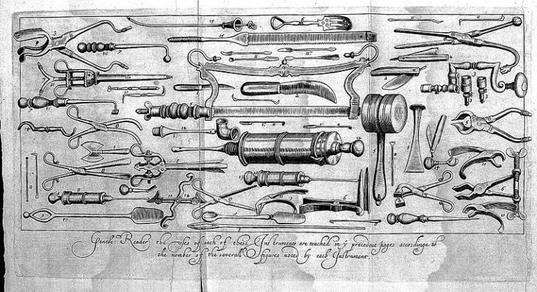 John_Woodall,_The_Surgeons_Mate__Wellcome_L0028105 Fold out illustrated chart showing the surgical instruments found in a sea surgeon's chest