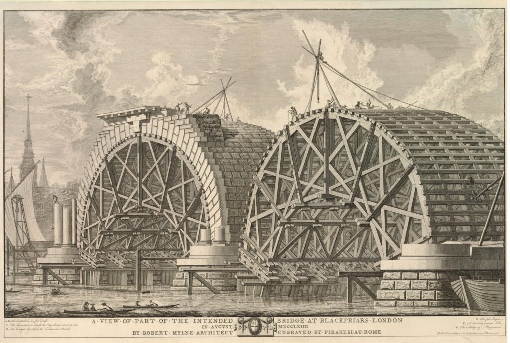 View of the method of construction of the proposed new bridge at Blackfriars in London. 1766 Etching by Piranesi © The Trustees of the British Museum.