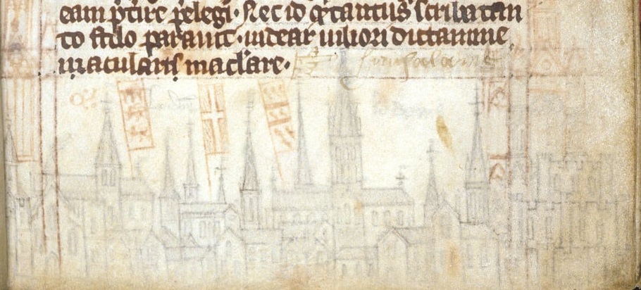 Illustration of London from 14th-century manuscript of Geoffrey of Monmouth's History of the Kings of Britain: British Library Royal MS 13 A III, f. 14r